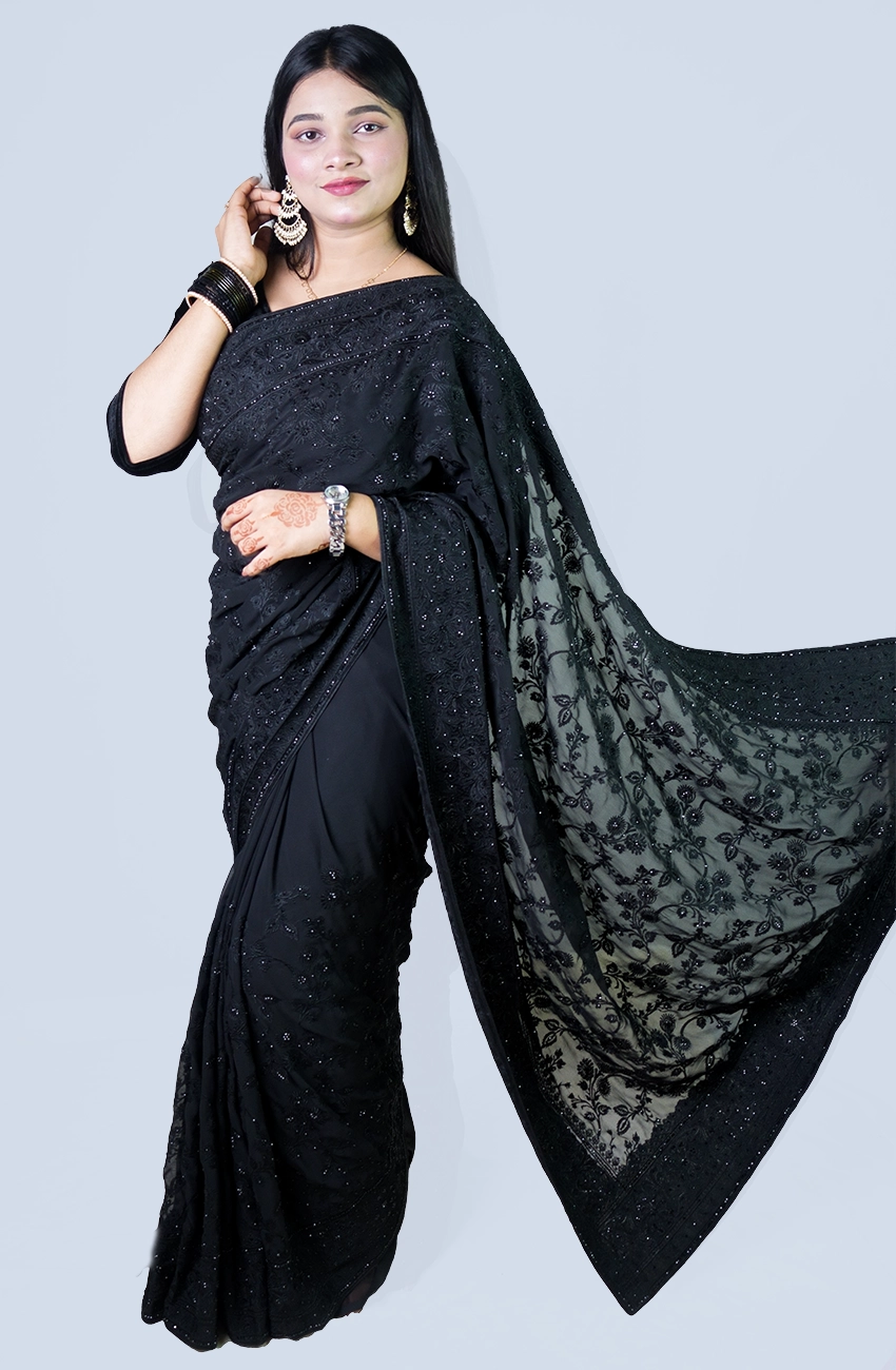 Black Soft Chiffon Georgette Saree with Elegant Stone & Embroidery Work